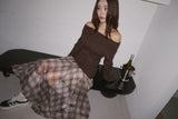Deep Brown V-neck Off-Shoulder Long-Sleeved Top