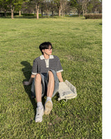 Windy Buckle Stripe Collar Short Sleeve Knit