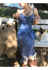 blue floral sleeveless chiffon long dress