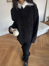 [UNISEX] オーバーフィット ベロア オフショルダー ダブルスナップボタン ロングスリーブ ニットT(4 colors)