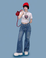 heart pattern denim pants