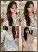 ロマンティックレースシャーリングブラウス + タイセット (4color)