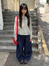 マルーンサイドボタンワイドデニムパンツ