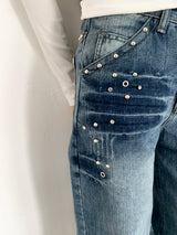 リベットアイレットパンチングウォッシュドワイドデニムパンツ (デニム)