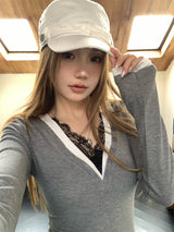 レースレイヤード長袖VネックTシャツ