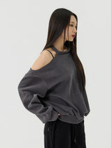 Cutout Halter Neck Sweat Long T-Shirt, Charcoal