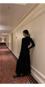 Half Turtleneck Black Flared Long Dress