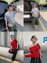 レタリングワンショルダーオフショルダーオーバーフィット半袖Tシャツ
