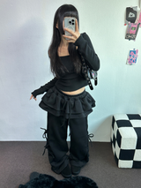 フリースピカブル❤リボンカンカンブーツカットワイド2スタイルパンツ🖤🩶🤎💛5カラー