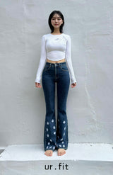 DARK BLUE EMBROIDERED SPANDEX BOOTCUT DENIM PANTS code 18315