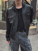 モアドハーフネックニットカラーマッチングレザージャケット