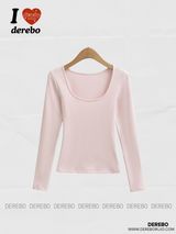 deep wide-neck slim long-sleeved knit shirt