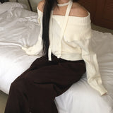 [Set] ハネルボタンオフショルダーマフラーニット