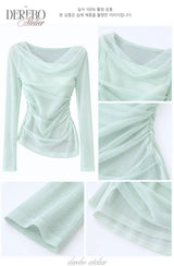 Mint chiffon mesh shirring long-sleeve tee