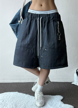 Deep Double Knee Non-Faded Raw Denim Rivet Mini Bermuda  2 Colors 