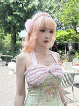 ROSE ISLAND Matcha Peach Dew Bowknot Halter Neck Light Pink Contrast Mint Green Old-fashioned Floral Dress