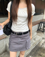 [ORIGINAL] Mori V-Neck Shirring Puff-Sleeve T-Shirt