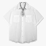 [bandana necklace set] washed check linen 2 pocket half shirt white