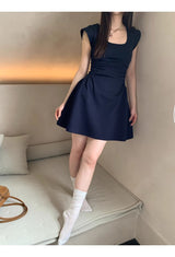 Navy Round Square Flared Dress