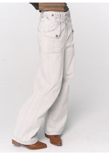 CONFUN オリジナルフローラルエンブロイダリーウエストバンドツートーンデニム カーブレッグパンツ