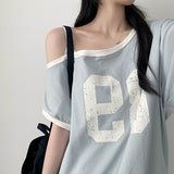 Lillit Numbering Unbalanced オフショルダー半袖Tシャツ