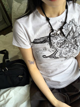 ドゥードゥルタトゥープリンティングスリムショートスリーブTシャツ