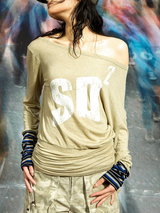 “sleepy sheep”Off - the - Shoulder Slouchy Wool Knit T - shirt