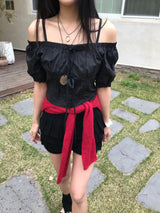 Lovely Note Two-Way Square Neck Off Shoulder Ribbon BLouse