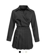Wrap Collar Pleats Mini Dress