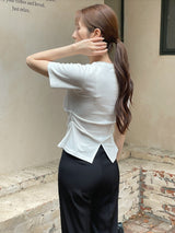 Linda Round-Neck Shirred Slit Short Sleeve T-Shirt