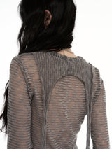 CONFUN Silver Striped Micro Transparent Flowing Long Sleeve Polo Shirt