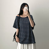 Watt Unfooted Off Shoulder Stripe Boxy Fit Short Sleeve