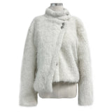 クラシックメタルウェーブダブルボタンハイネックファーコート (White)