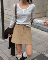 Color-Blocked Henley Neck Stripe T-Shirt