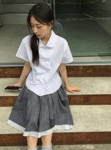 Karohi Sleeve Layered Check Shirring Midi Banding Skirt