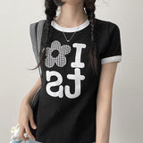 チェック フラワー クロップ リンガー ショートスリーブ Tシャツ (3 colors)