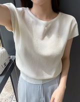 ニール ラウンドネック キャップスリーブ ショートスリーブニット