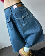 Rise Waist Button Side Pintuck Denim Bermuda Shorts 3color