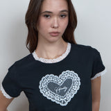 C レースパネルグラフィックTシャツ_ブラック