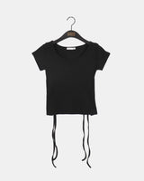 Desa Back Slit Ribbon V-Neck Short Sleeve T-Shirt