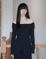ボタン オフショルダー ニット(BLACK)