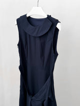 Navy Pleats Wrap Long Sleeveless Dress
