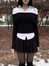オフショルダー配色シャツスリムフィットリブ長袖ニットT (2 colors)