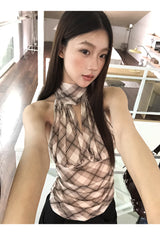 chiffon checkered halter neck sleeveless blouse top