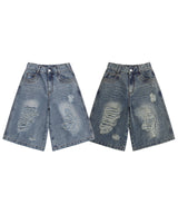 Salt Washed Damage Denim Half Pants - 2COLOR
