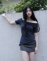 アシンメトリック リブ オフショルダー Tシャツ(NAVY)