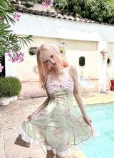 ROSE ISLAND Matcha Peach Dew Bowknot Halter Neck Light Pink Contrast Mint Green Old-fashioned Floral Dress
