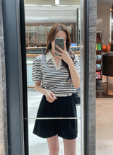 ヘデンオープン襟付きボーダーパフ半袖Tシャツ