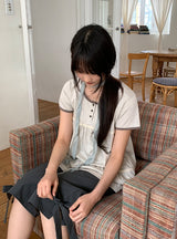 ハナミレースユーネックボタン半袖Tシャツ