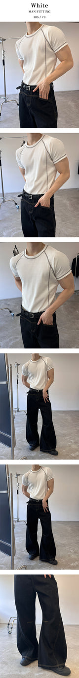 [MUSCLE FIT] Stitch waffle half t-shirts(3color)